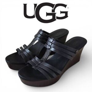 UGG Leather Platform Slides Women Black Wedge Size 10-11 NWT